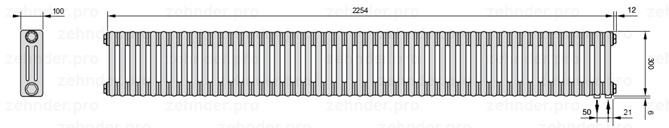Схема (чертеж) Радиатор Zehnder Charleston 3030/49 №5510 Белый глянцевый RAL 9016